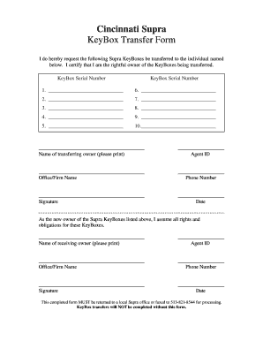 Cincinnati Supra KeyBox Transfer Form