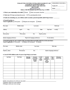 Eligibility Questionnaire for Subsidized Child Care Services