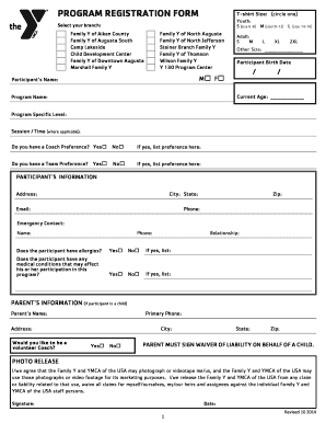 Family Y Program Registration and Waiver Form
