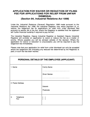 Application for Waiver or Reduction of Filing Fee for Unfair Dismissal
