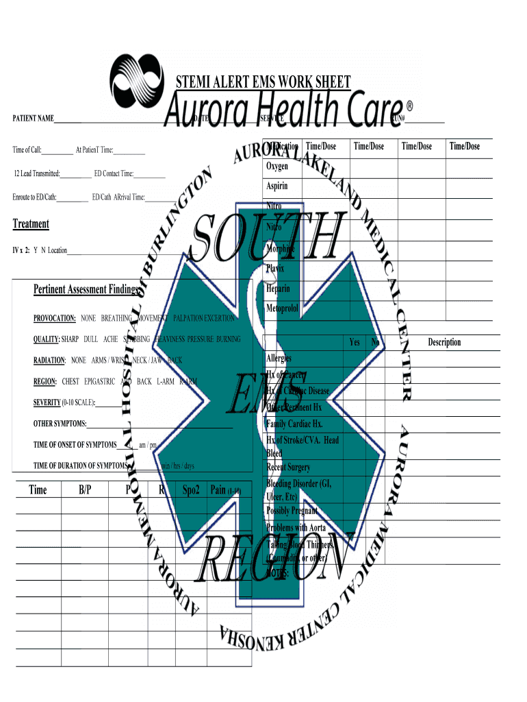 Fillable Online medicalprofessionals aurorahealthcare STEMI ALERT SHEET