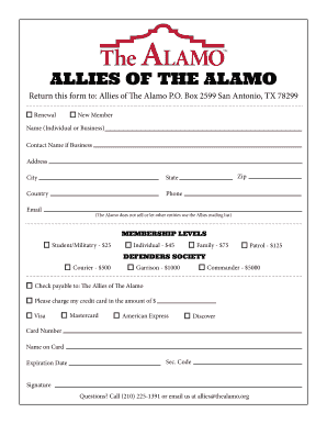 Allies of The Alamo Membership Form