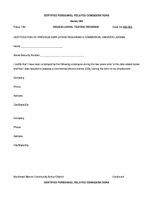 CDL Employment Certification Form