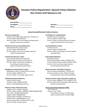 Houston Police Department Sex Crimes Unit Resource List