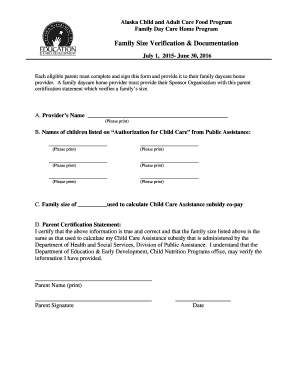 Alaska Child Care Family Size Verification Form