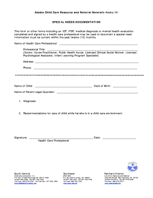 Alaska Special Needs Child Care Documentation Form