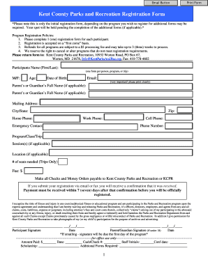 Kent County Parks and Recreation Registration Form