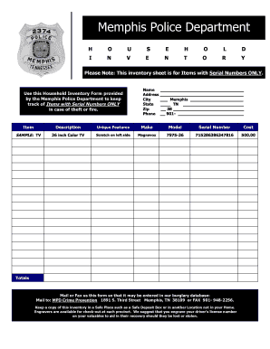 Memphis Police Department Household Inventory Form