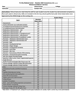 Tri-City Medical Center Rotation Skill Competency List