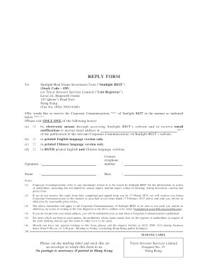 Sunlight REIT Corporate Communications Reply Form