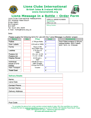 Lions Message in a Bottle Order Form
