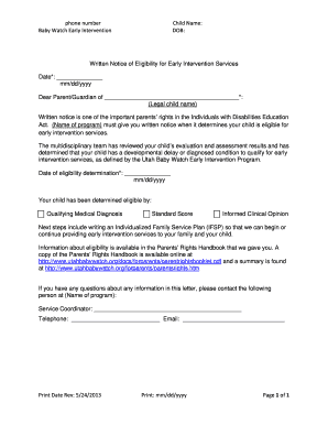 Utah Baby Watch Early Intervention Eligibility Notice