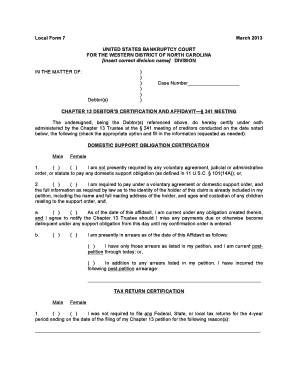 Chapter 13 Debtor's Certification and Affidavit