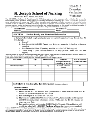 2014-2015 FAFSA Verification Worksheet