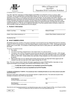 2013-2014 Dependent SNAP Verification Worksheet
