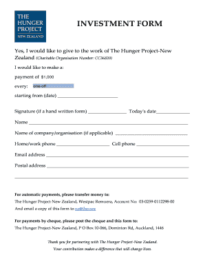 Investment Form for The Hunger Project-New Zealand