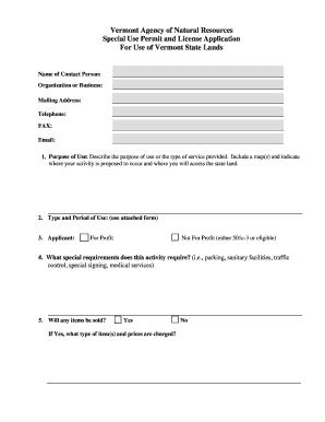 Vermont Special Use Permit and License Application