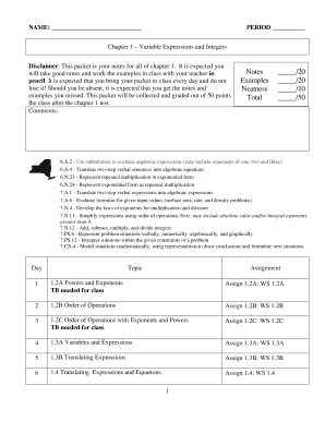 Math Chapter 1 Notes and Assignments