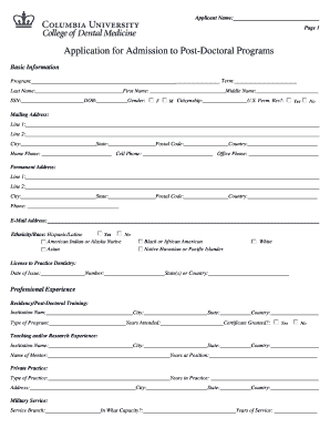 Application for Admission to Post-Doctoral Programs