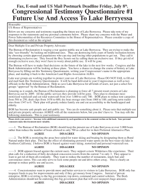Congressional Testimony Questionnaire on Lake Berryessa