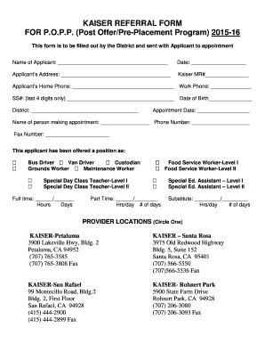 Kaiser Referral Form for P.O.P.P. Program