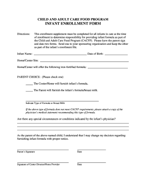 Infant Enrollment Form for Child and Adult Care Food Program