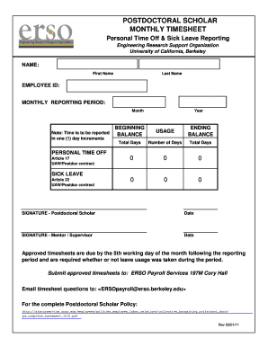 Postdoctoral Scholar Monthly Timesheet