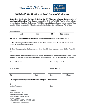 2012-2013 Food Stamps Verification Worksheet