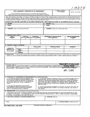 Civil Aircraft Certificate of Insurance