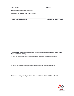 First Lego League Team Registration Form