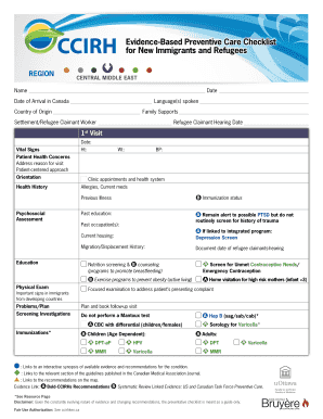 CCIRH Preventive Care Checklist for New Immigrants and Refugees