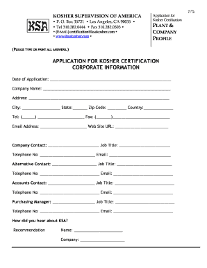 Kosher Certification Application