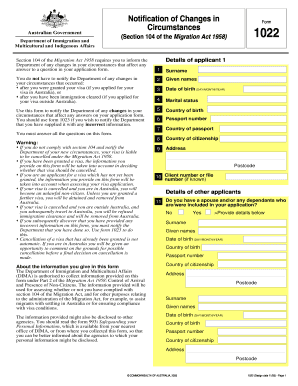 Australian Visa Change Notification Form 1022