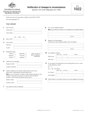 Australian Visa Notification of Changes in Circumstances Form 1022