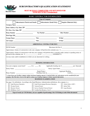 Subcontractor Qualification Statement