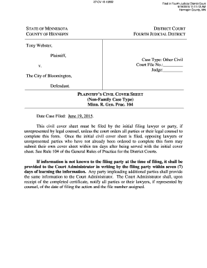 Civil Cover Sheet for Minnesota District Court
