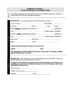 Community Football Player Withdrawal of Transfer Form