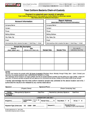 Total Coliform Bacteria Chain of Custody Form
