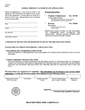 Oklahoma Animal Friendly License Plate Application