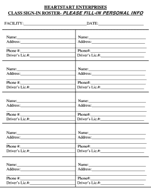Heartstart Enterprises Class Sign-In Roster