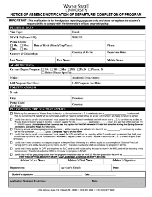 Notice of Absence/Notification of Departure/Completion of Program