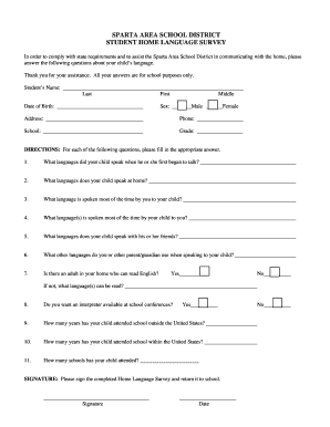 Sparta Area School District Student Home Language Survey