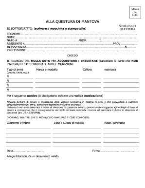 Domanda di rilascio del nulla osta per l'acquisto/eredità di armi