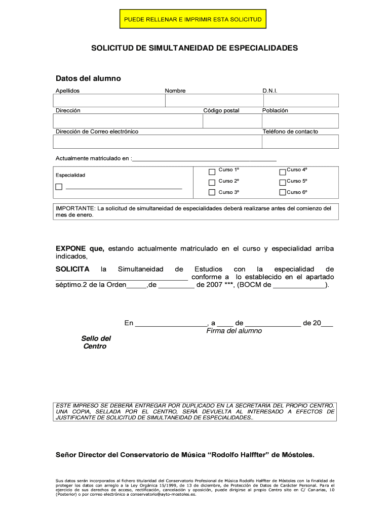 SOLICITUD DE SIMULTANEIDAD DE ESPECIALIDADES Datos del alumno Vista previa en la página 1