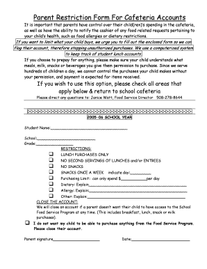 Parent Cafeteria Account Restriction Form