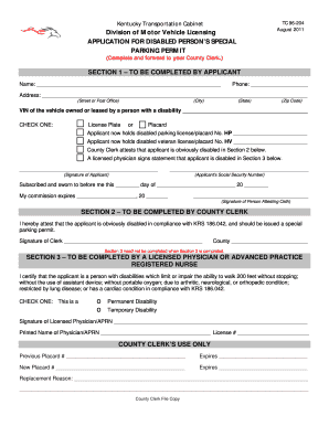 Kentucky Disabled Person's Special Parking Permit Application