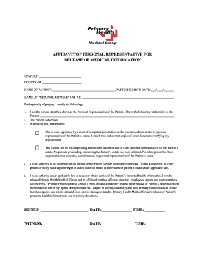 Affidavit of Personal Representative for Release of Medical Information