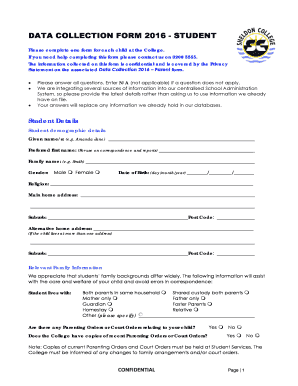 Student Data Collection Form 2016
