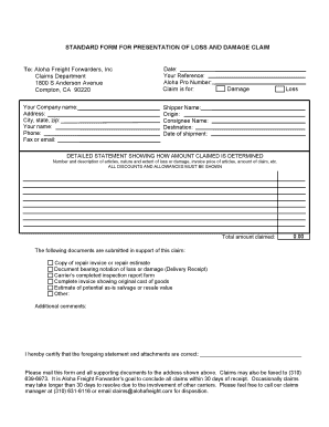 Aloha Freight Forwarders Loss and Damage Claim Form