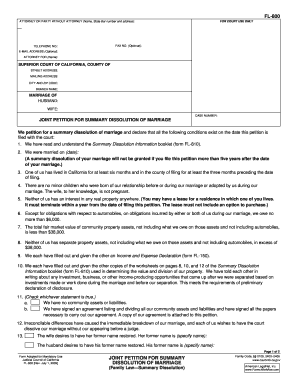 California Joint Petition for Summary Dissolution of Marriage